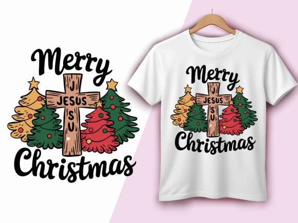 Merry Christmas Jesus Cross Trees Vector for T-Shirt Designs